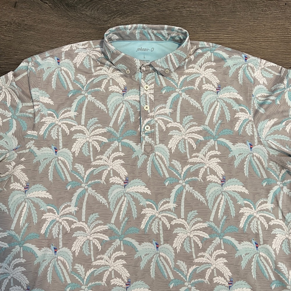 Johnnie O Mens Palm Tree Parrot Print Short Sleeve Button Up Polo‎ Shirt L